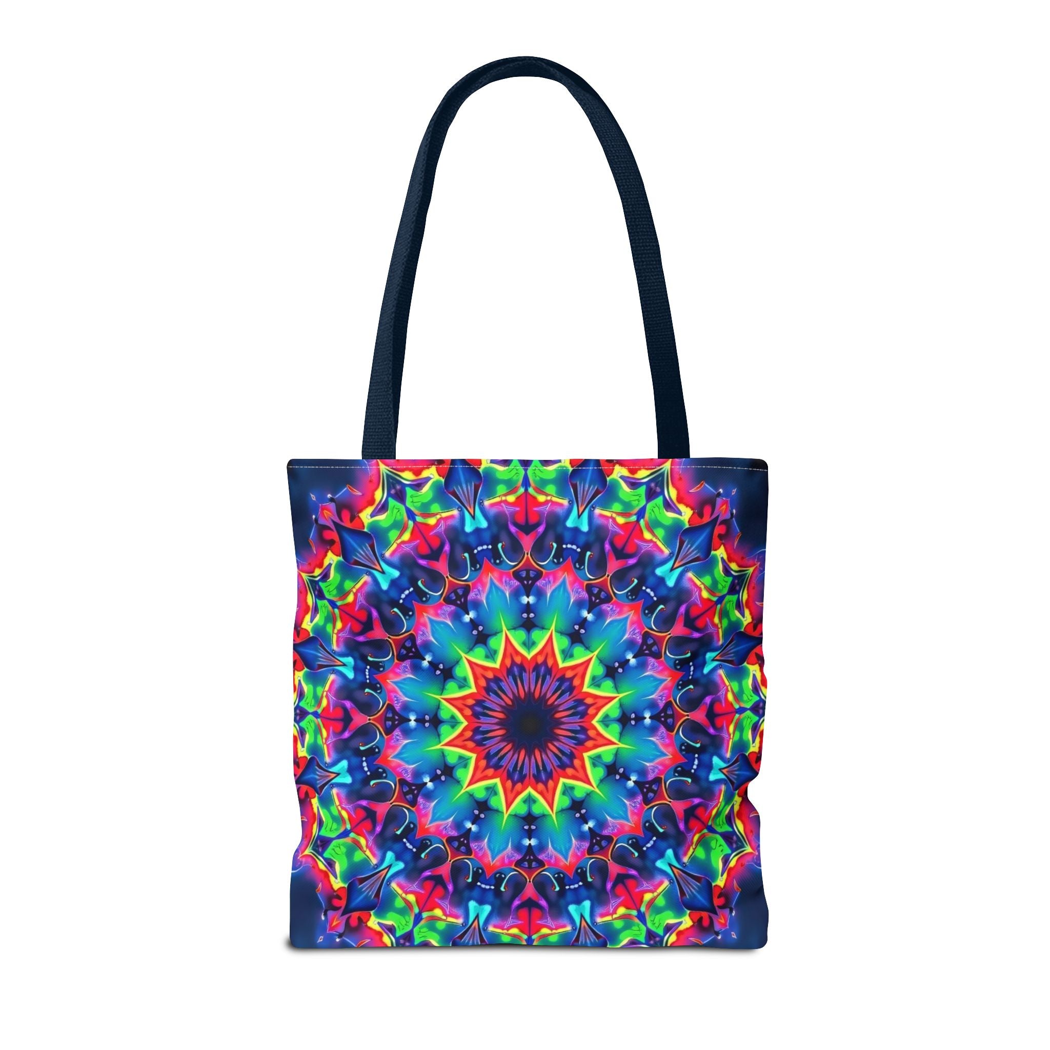 Colorful psychedelic mandala tote bag with intricate patterns and vibrant hues