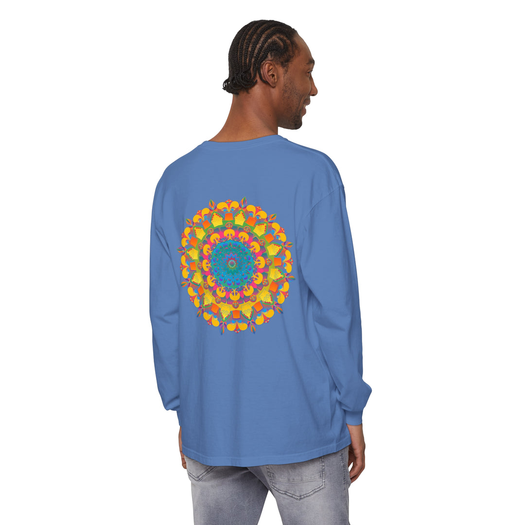 Vibrant Mandala Unisex Long Sleeve T-Shirt featuring intricate, colorful mandala design