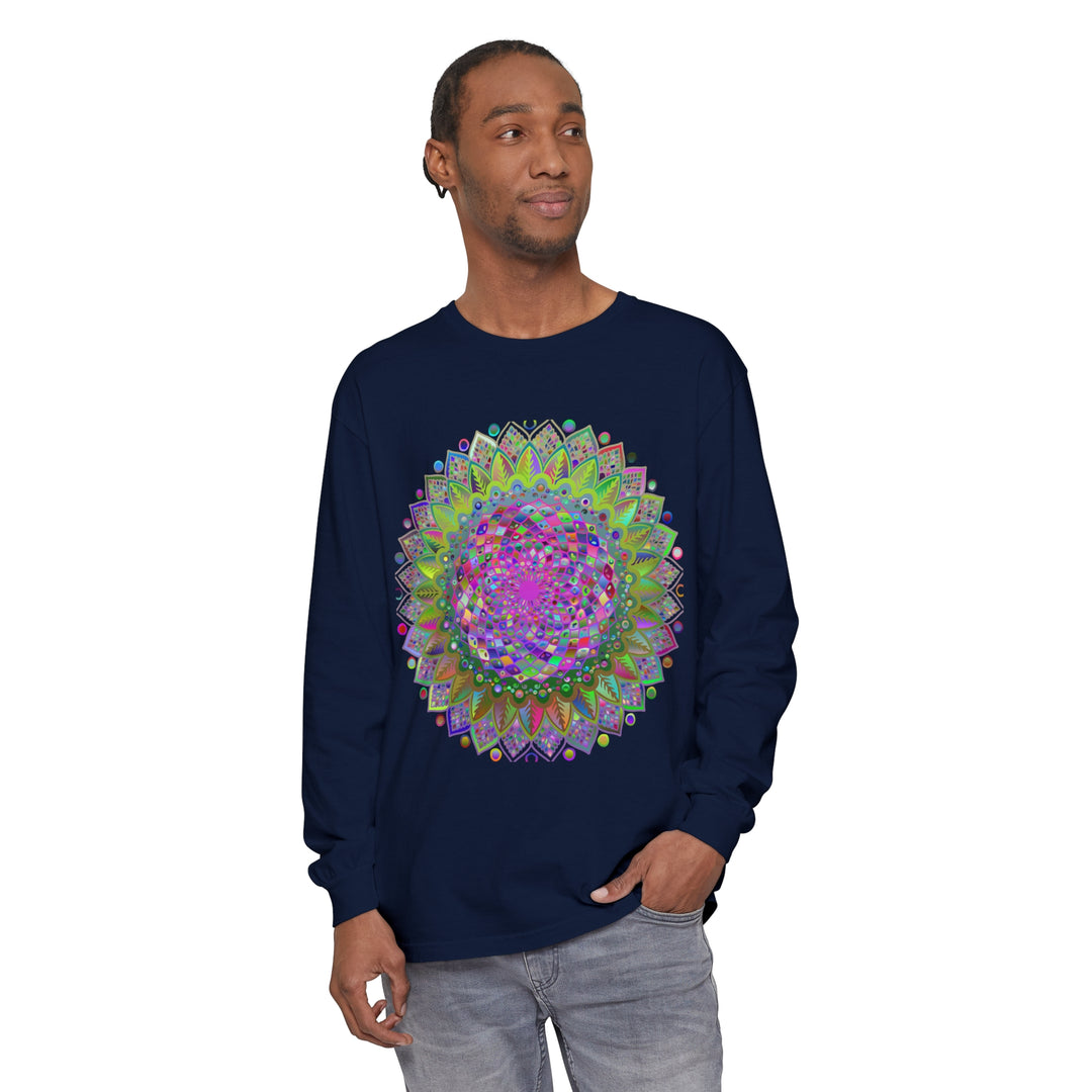 Colorful and intricate mandala design on a unisex long sleeve t-shirt