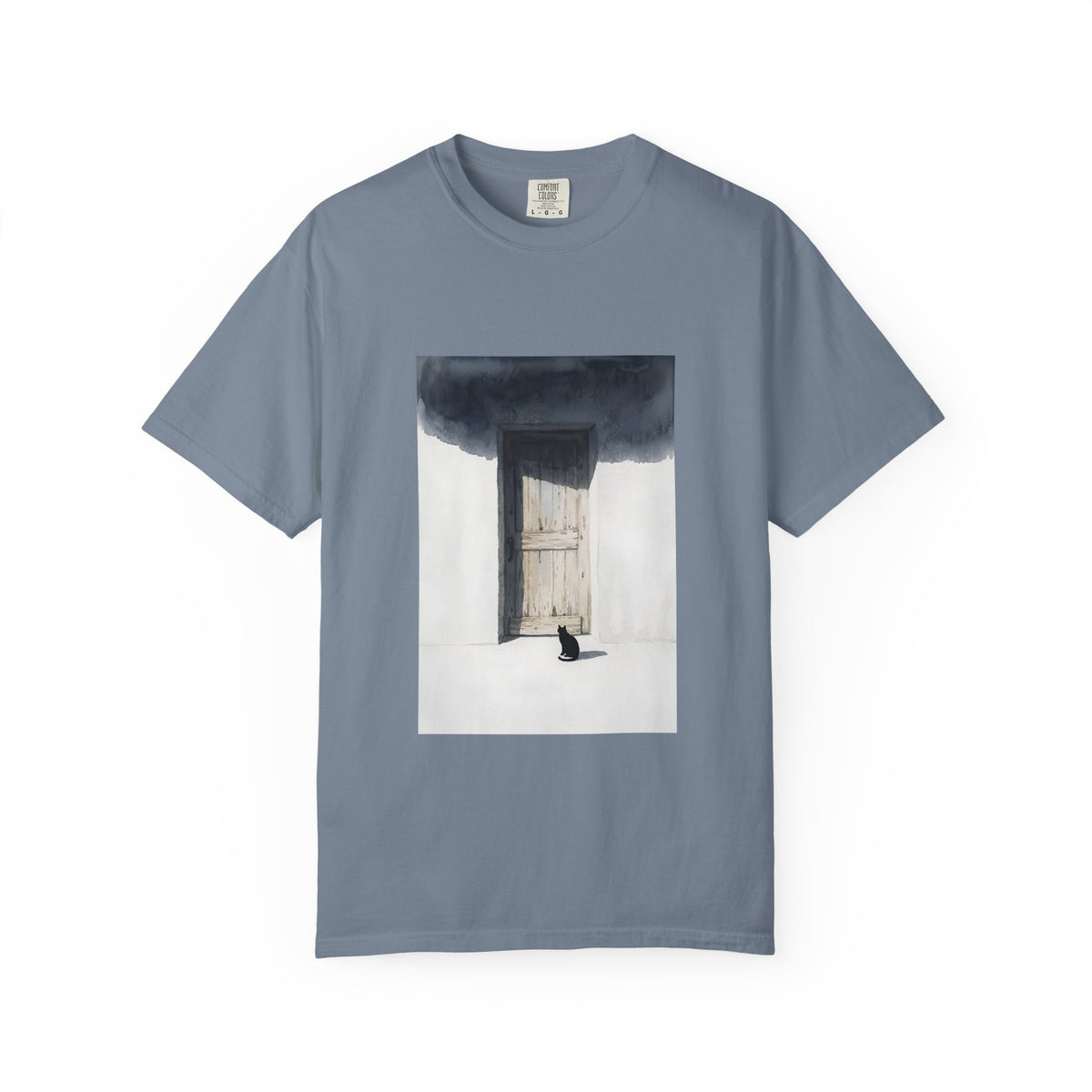 T-Shirt — Minimal Art Cat at Door Graphic Tee