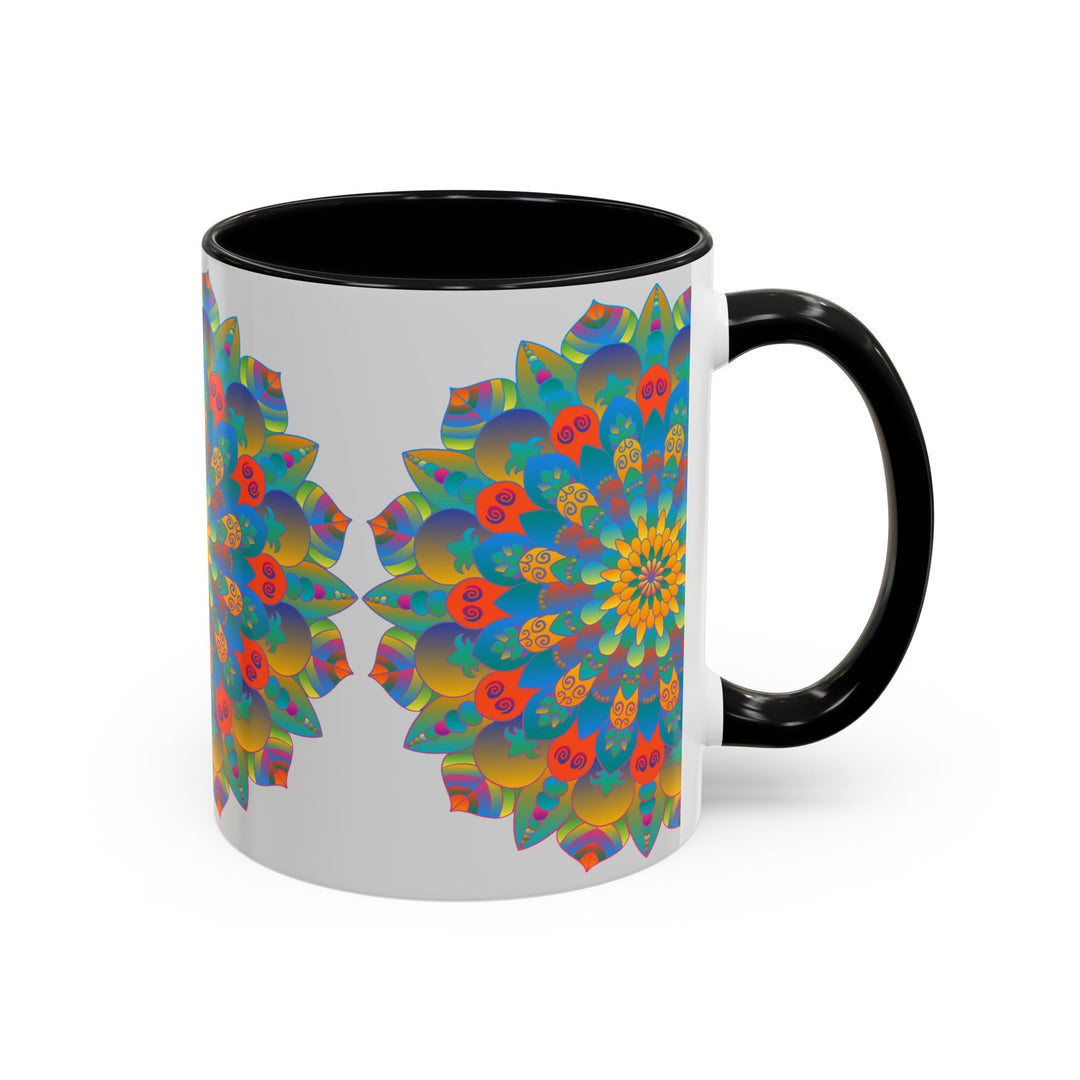 Colorful mandala art mug in vibrant yellow, orange, and blue with intricate design