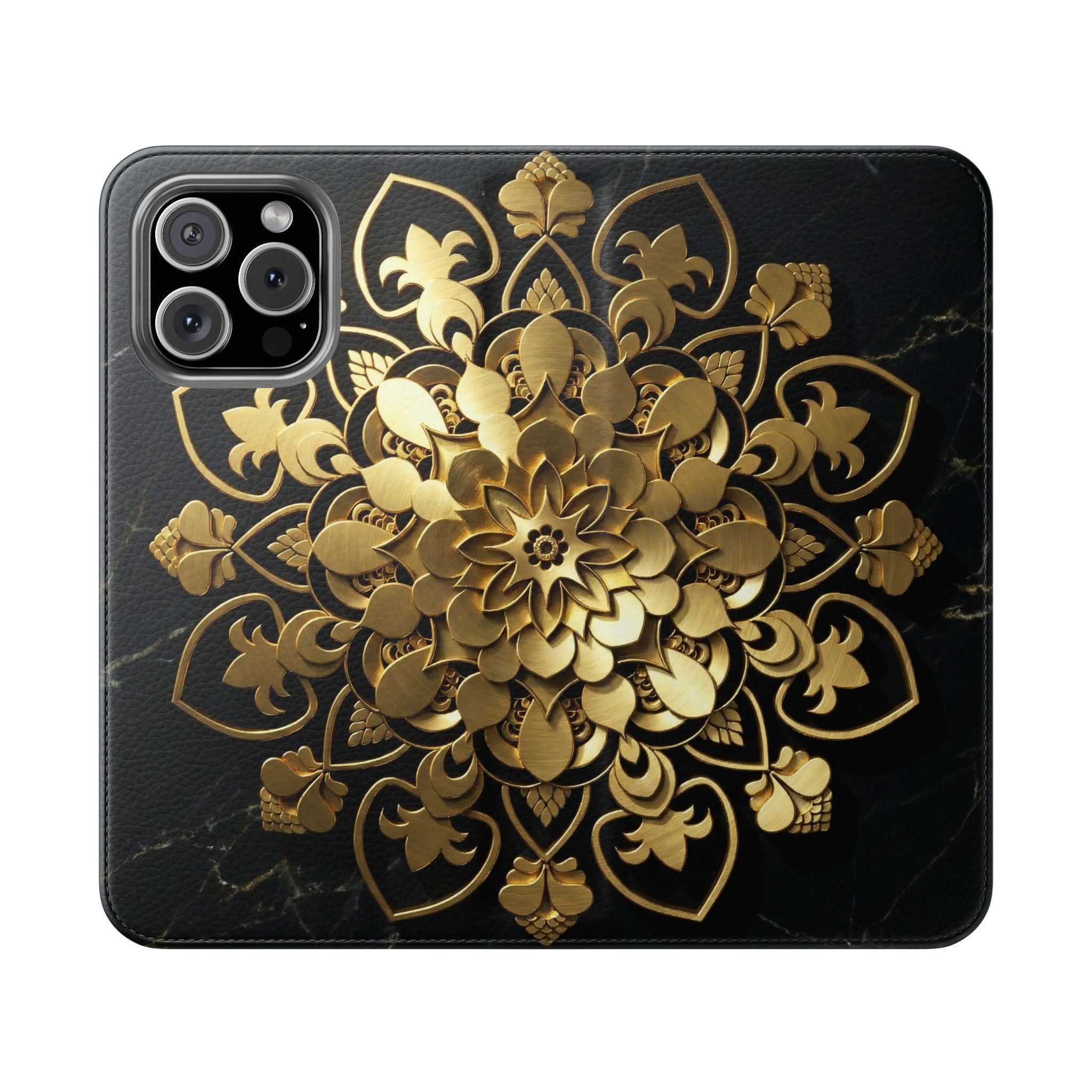 Gold Mandala Flip Phone Case – Luxury Floral Wallet Cover