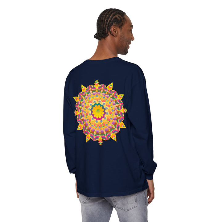 Colorful and intricate psychedelic mandala design on long sleeve t-shirt