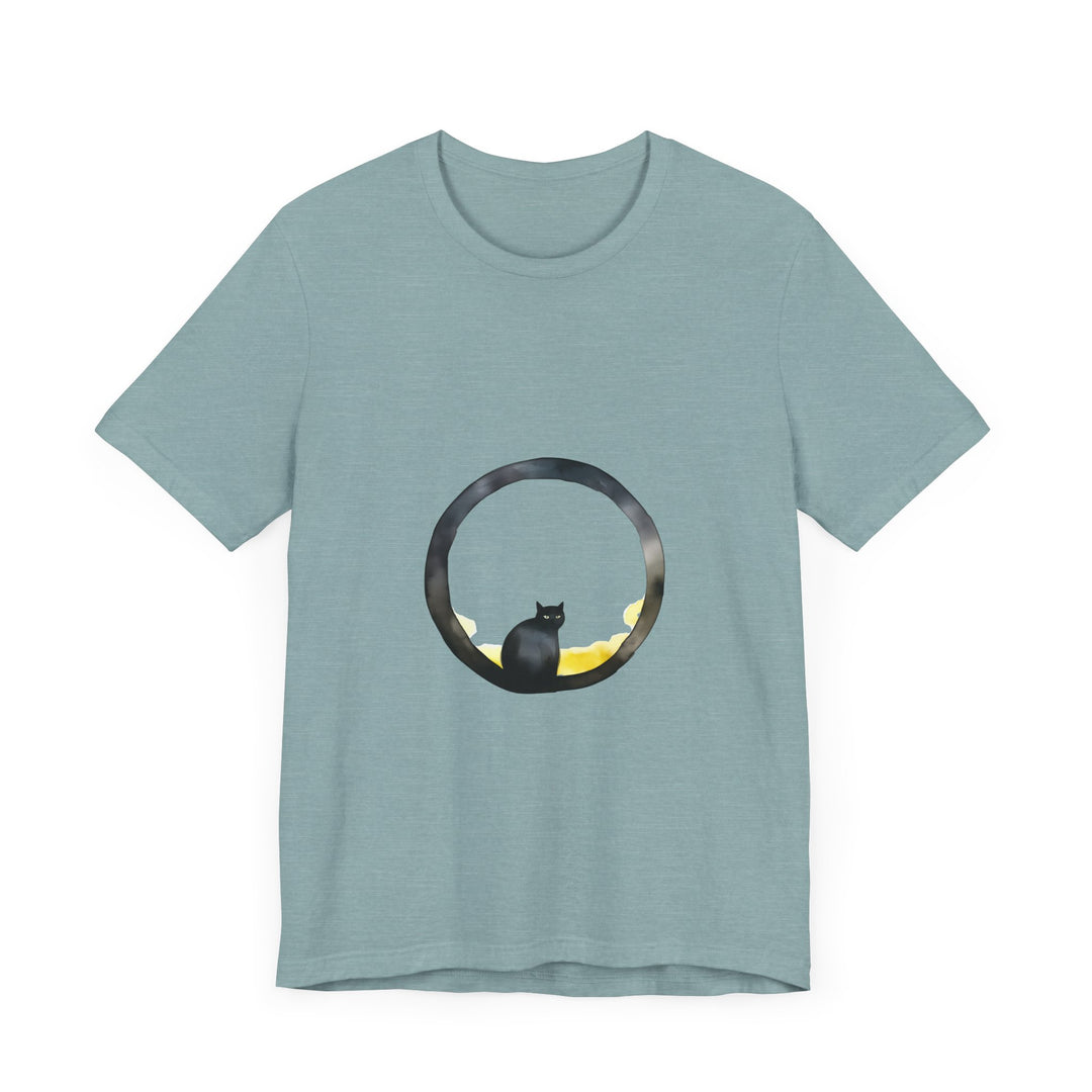 Black Cat Moon Tee - Whimsical Style, featuring a black cat silhouette against a crescent moon on a comfortable black t-shirt