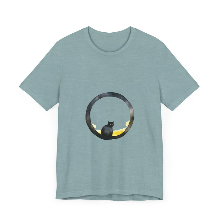 Black Cat Moon Tee - Whimsical Style, featuring a black cat silhouette against a crescent moon on a comfortable black t-shirt