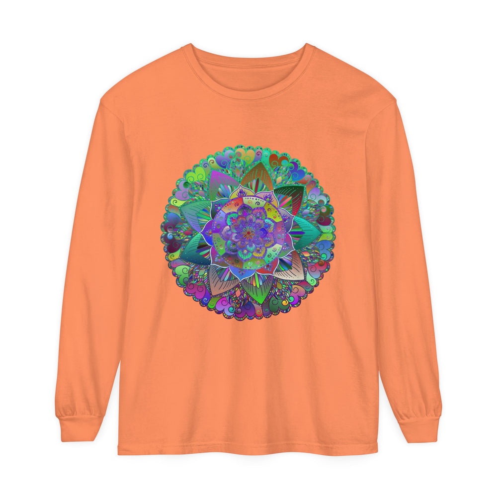 A colorful and intricate mandala design adorns this vibrant unisex long sleeve T-shirt
