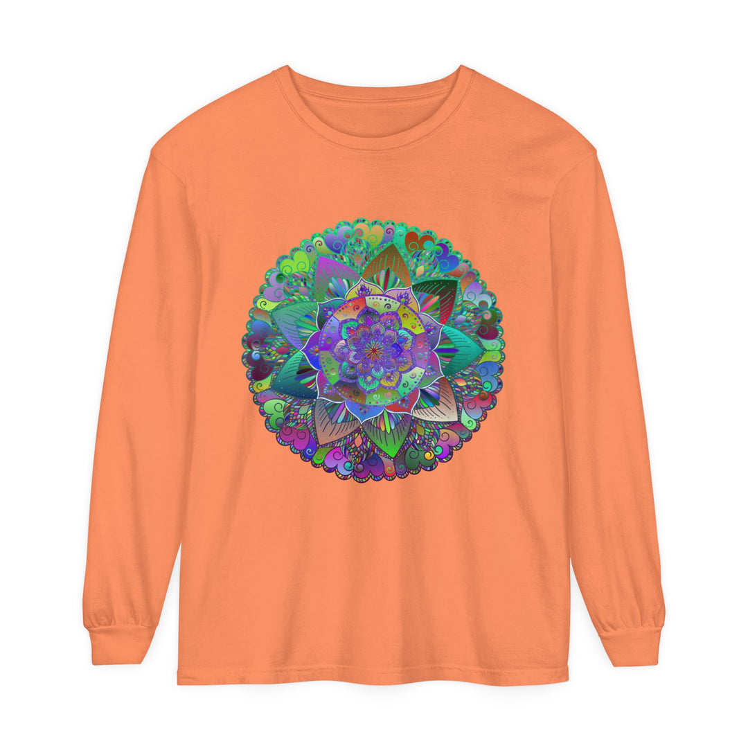 A colorful and intricate mandala design adorns this vibrant unisex long sleeve T-shirt