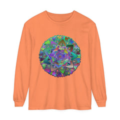 A colorful and intricate mandala design adorns this vibrant unisex long sleeve T-shirt