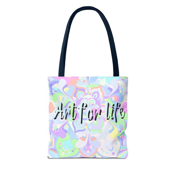 Colorful mandala tote bag with intricate design and inspiring 'Art for Life' quote, perfect for carrying essentials and showcasing your unique style