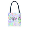 Colorful mandala tote bag with intricate design and inspiring 'Art for Life' quote, perfect for carrying essentials and showcasing your unique style