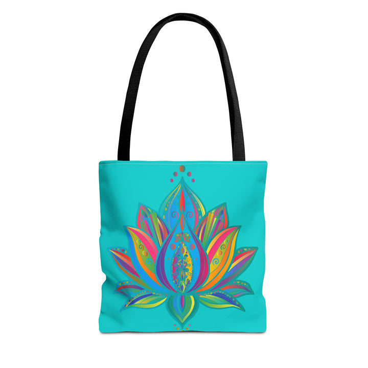 Beautiful azure Mandala Lotus Tote Bag with intricate design and vibrant colors