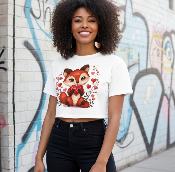 Cute Fox Heart Crop Top – White Cotton Graphic Tee