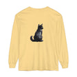 Black Cat Mystery unisex long sleeve tee featuring a black cat graphic on a black background, perfect for a mysterious and stylish look