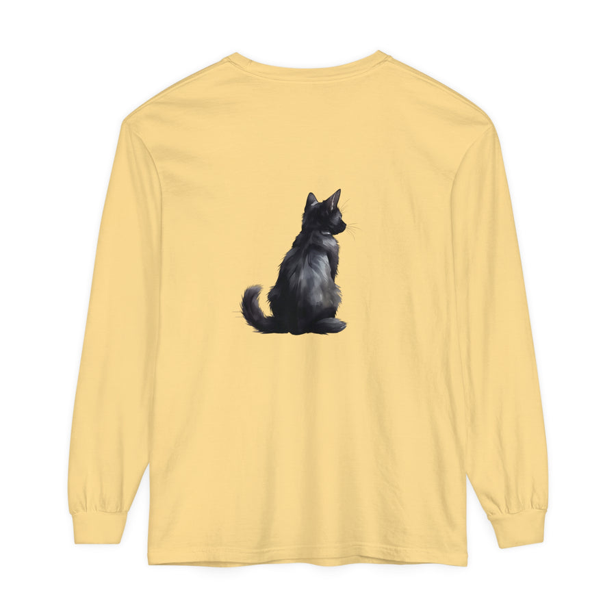 Black Cat Mystery unisex long sleeve tee featuring a black cat graphic on a black background, perfect for a mysterious and stylish look