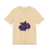 A vibrant and eye-catching t-shirt featuring a black cat surrounded by colorful paint splatters