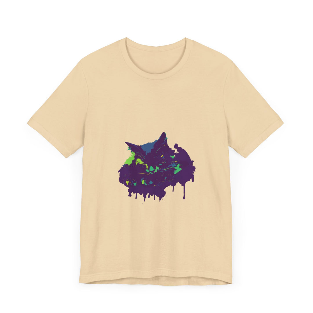 A vibrant and eye-catching t-shirt featuring a black cat surrounded by colorful paint splatters