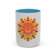 Colorful and intricate mandala art mug, featuring vibrant designs and intricate patterns, perfect for enjoying your favorite hot beverage