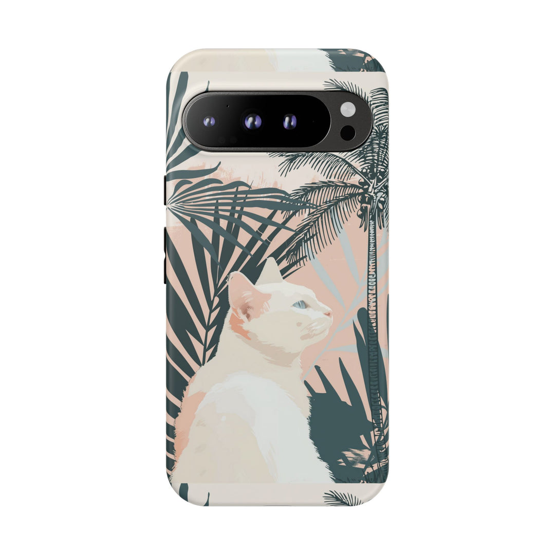 Tropische Katzen-Telefonhülle mit üppigen Palmenmotiven und sanften Pastelltönen