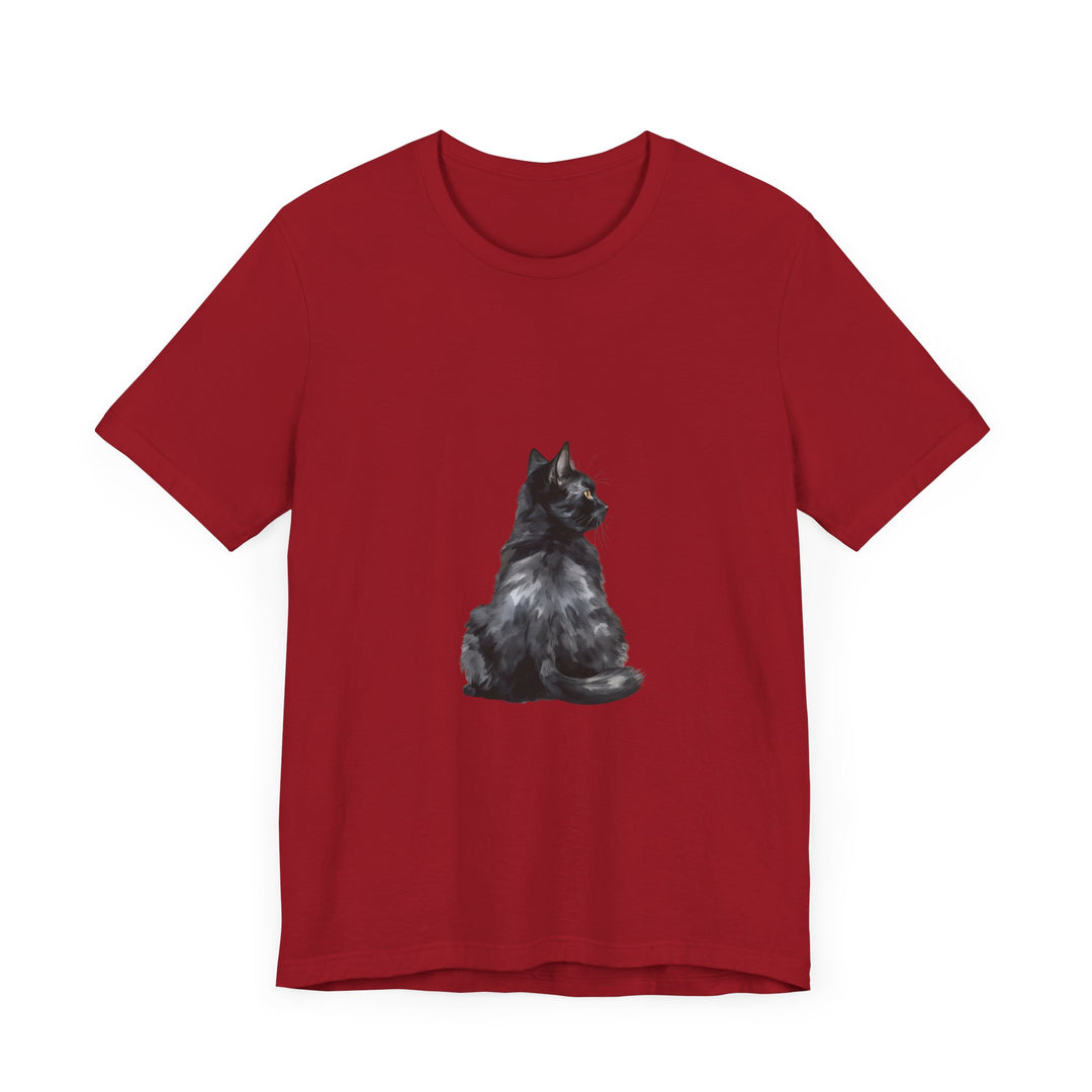 A black t-shirt with a mystical and enchanting black cat design