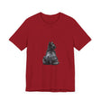 A black t-shirt with a mystical and enchanting black cat design