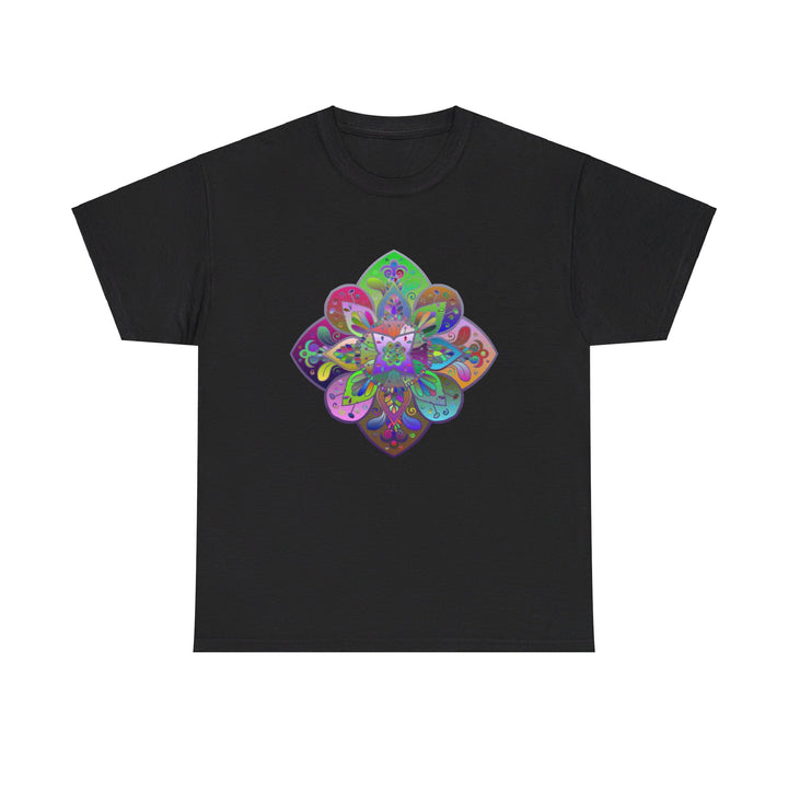 A vibrant and intricate mandala art design printed on a comfortable unisex heavy cotton t-shirt, perfect for yoga and mindfulness practice