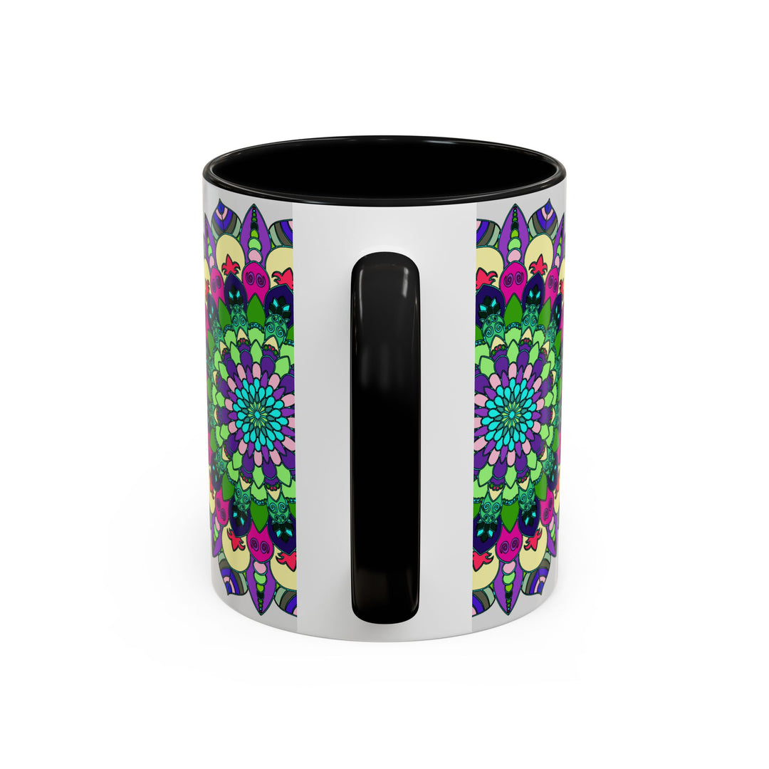 A beautifully designed ceramic mug featuring a colorful mandala art pattern, symbolizing spirituality and creativity