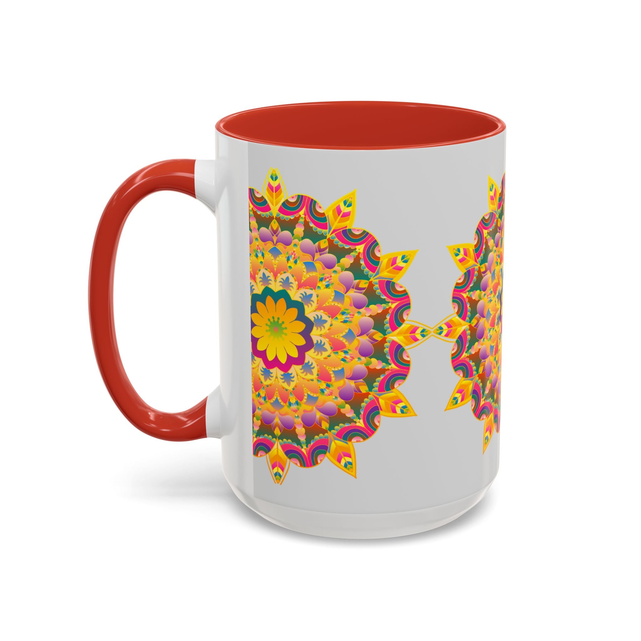 A close-up image of a vibrant floral mandala art mug, showcasing intricate details and beautiful colors