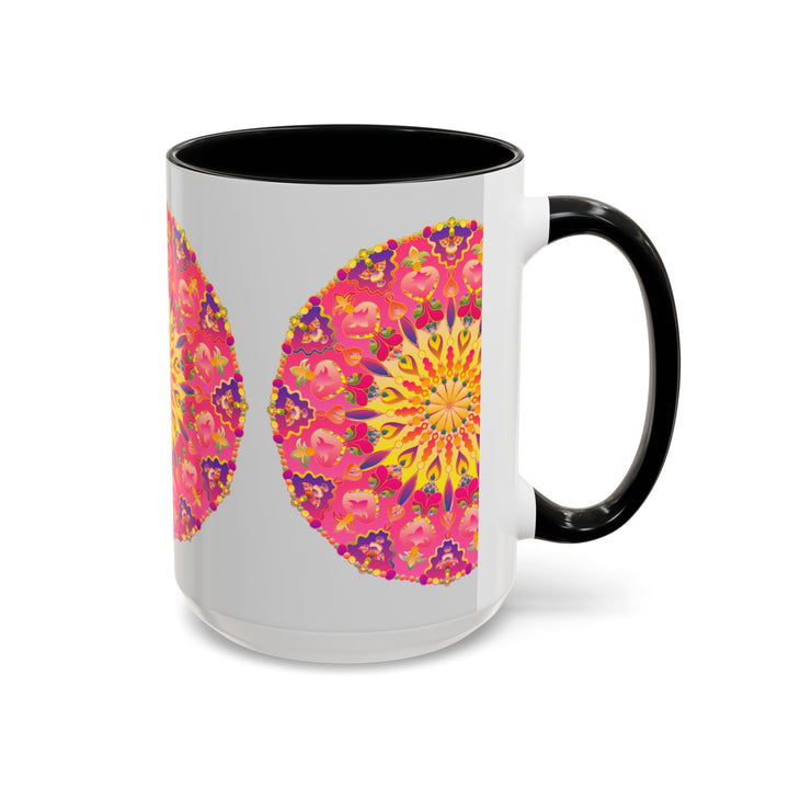 Beautiful handcrafted pink, yellow, and green mandala art mug for coffee or tea lovers