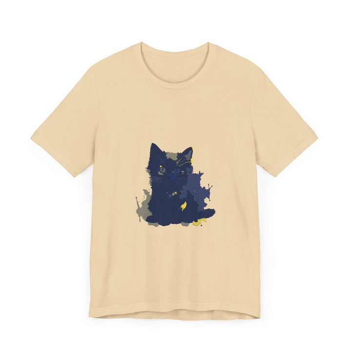 Midnight Blue Cat Mystery T-Shirt: A stylish blue t-shirt featuring a mysterious cat design