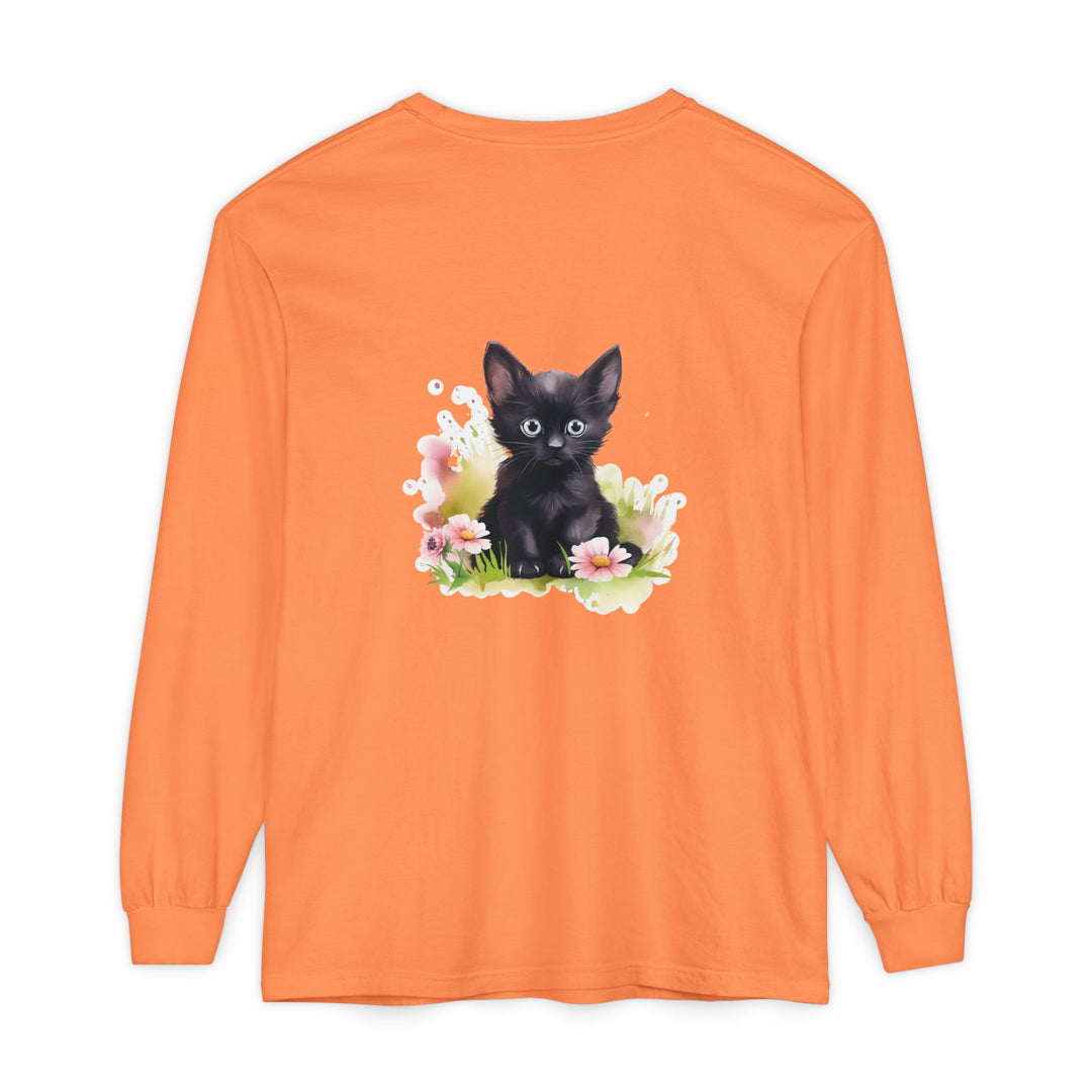 Black Kitten & Pink Flowers Long Sleeve T-Shirt