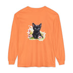 Langarmshirt mit schwarzem Kätzchen und rosa Blumen