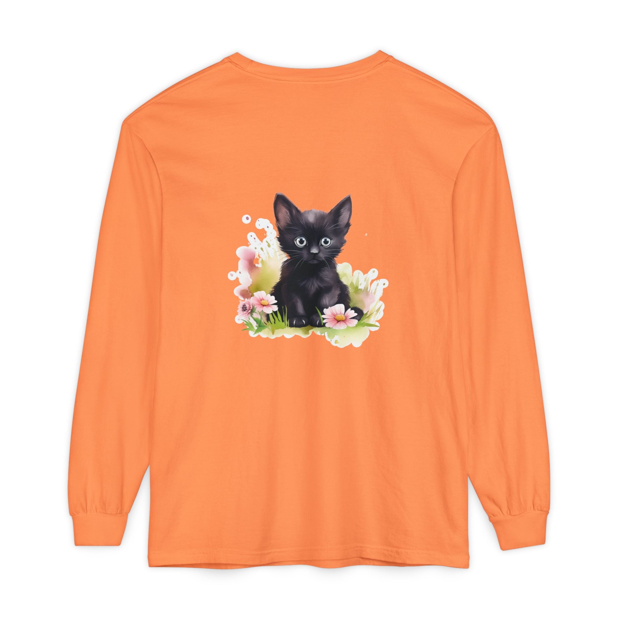 Langarmshirt | Schwarzes Kätzchen & rosa Blumen