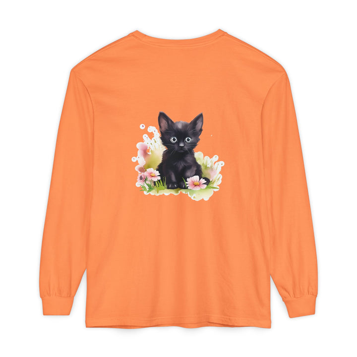 Black Kitten & Pink Flowers Long Sleeve T-Shirt