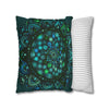 Square pillowcase featuring a hand-drawn mandala art in petroleum green