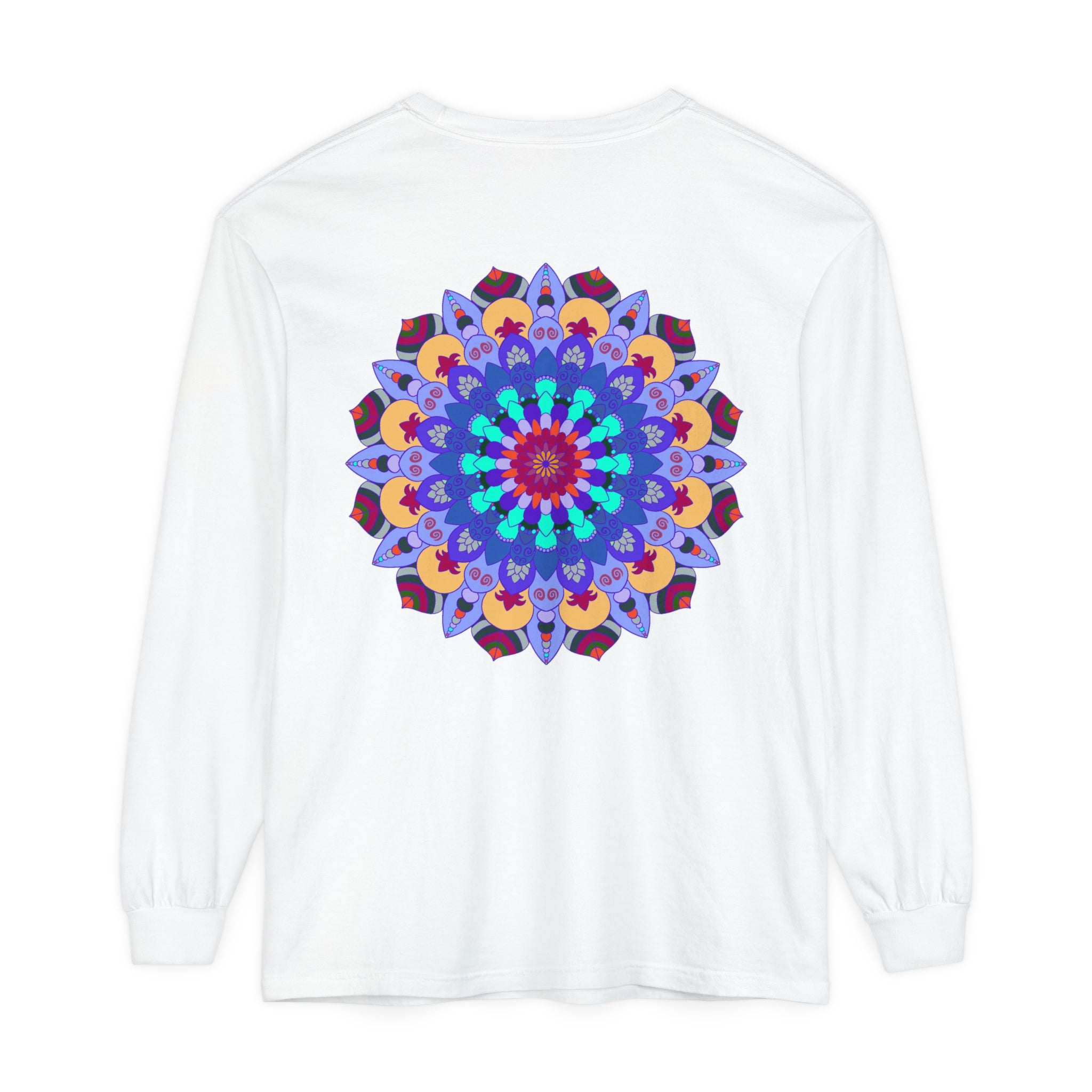 Colorful and intricate mandala design on a long sleeve t-shirt