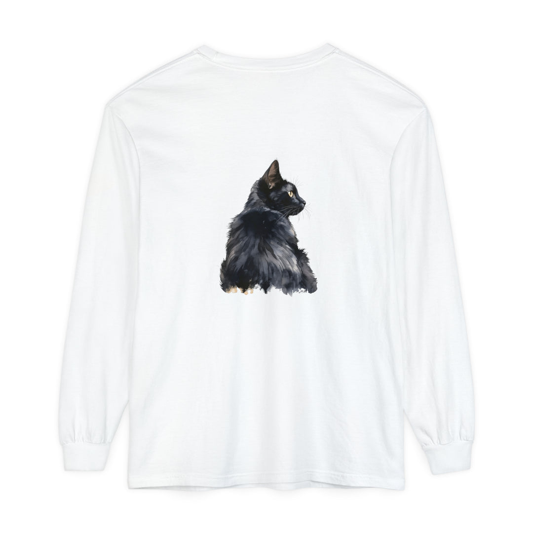 Black Cat Watercolor Long Sleeve T-Shirt featuring a beautiful watercolor design of a black cat on a long sleeve shirt