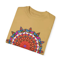Unisex Mandala T-Shirt made of 100% ring-spun cotton, hand-drawn mandala art, garment-dyed for extra comfort