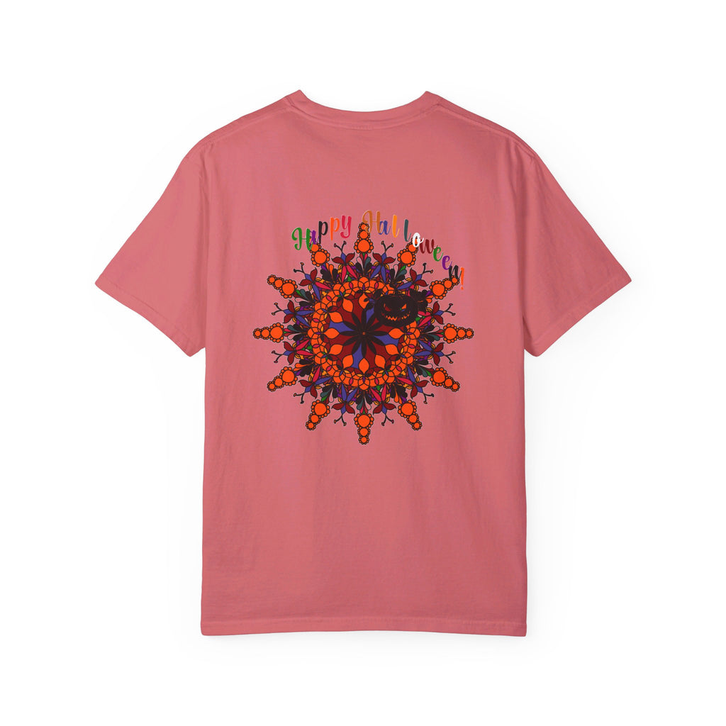 Unisex Halloween Mandala T-shirt featuring a handmade pumpkin mandala art design on a garment-dyed tee shirt