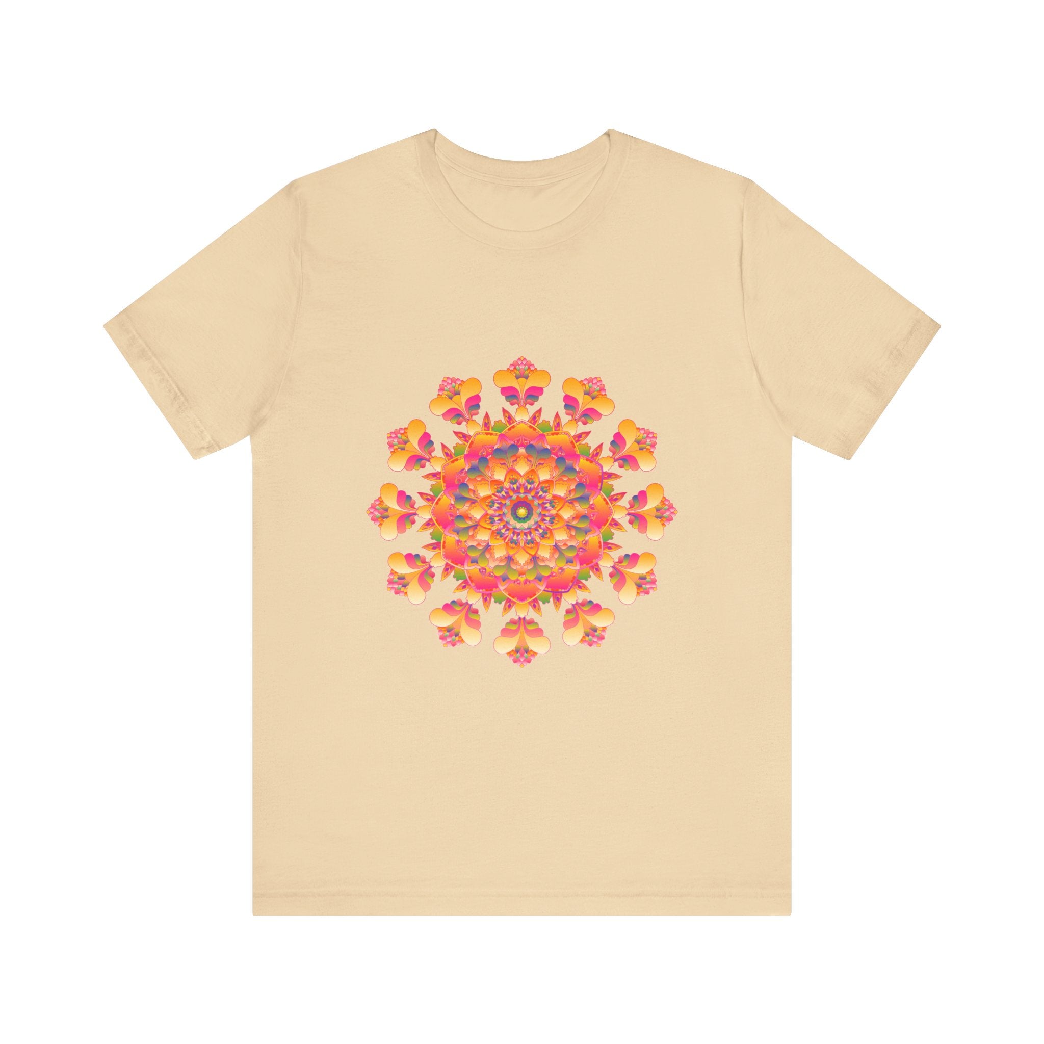 Vibrant Mandala Tee featuring a colorful design in shades of pink, yellow, orange, and green, perfect for adding a pop of color to your wardrobe