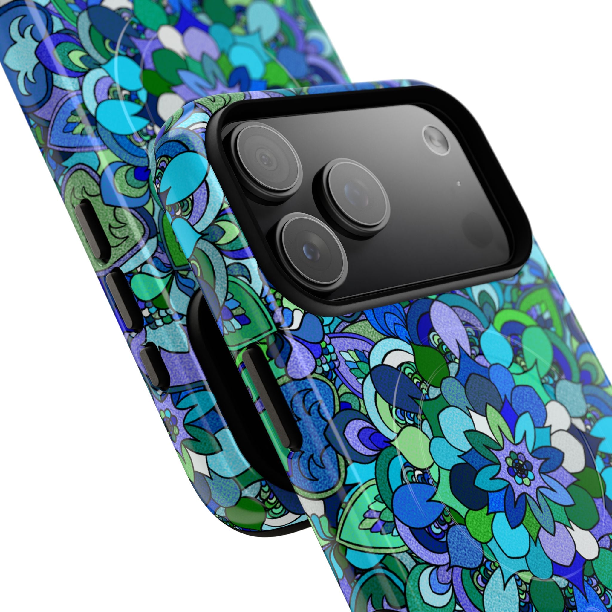 Cover Rigida Magnetica per Telefono con Mandala Floreale — Motivo Blu Verde