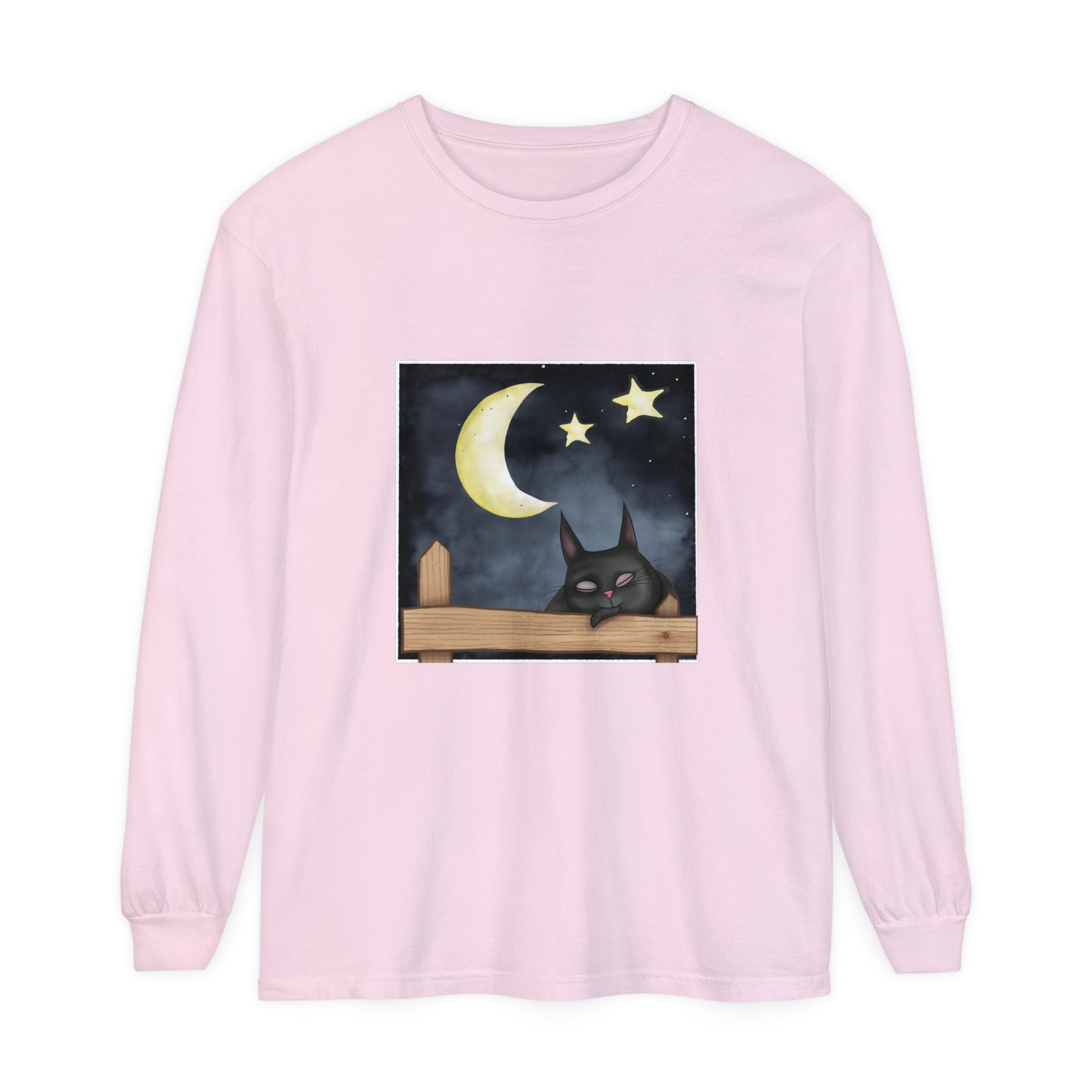 A comfortable navy blue t-shirt featuring a sleepy cat gazing at the night sky