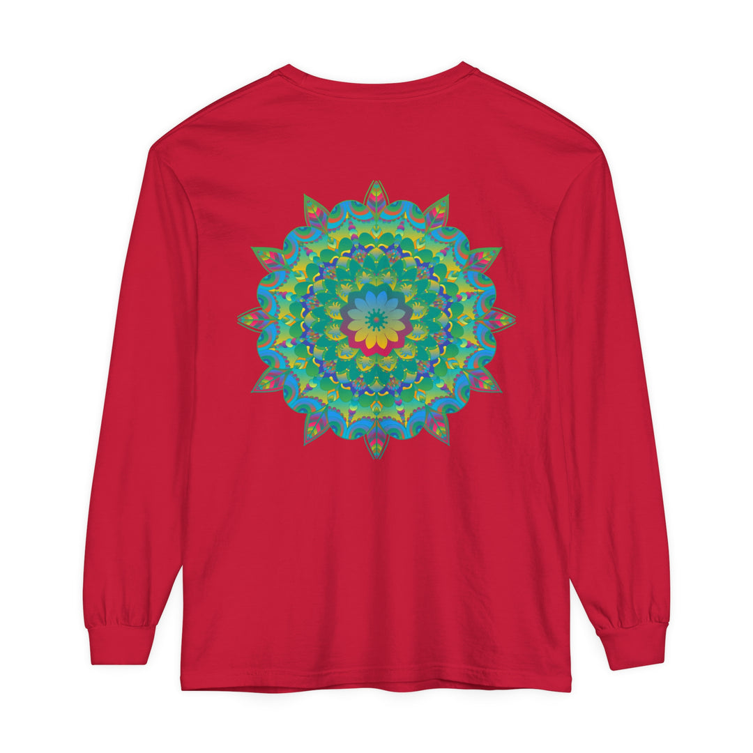 Colorful and intricate psychedelic mandala design on a long sleeve t-shirt