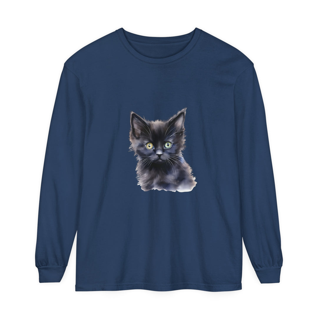 Black unisex long sleeve t-shirt featuring a mystical kitten graphic