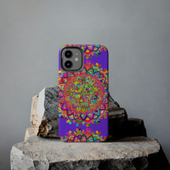 Hand drawn purple mandala art phone case with intricate floral patterns