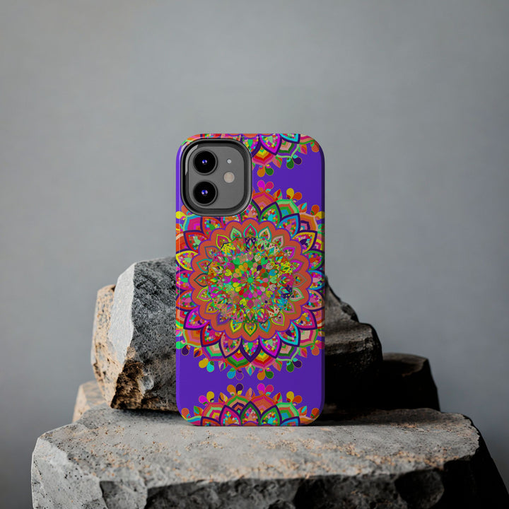 Hand drawn purple mandala art phone case with intricate floral patterns