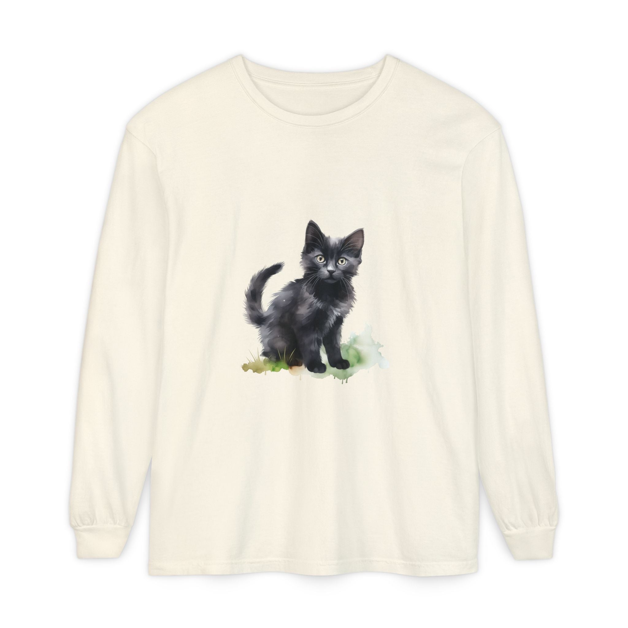 Maglietta a maniche lunghe con gatto nero e acquerello