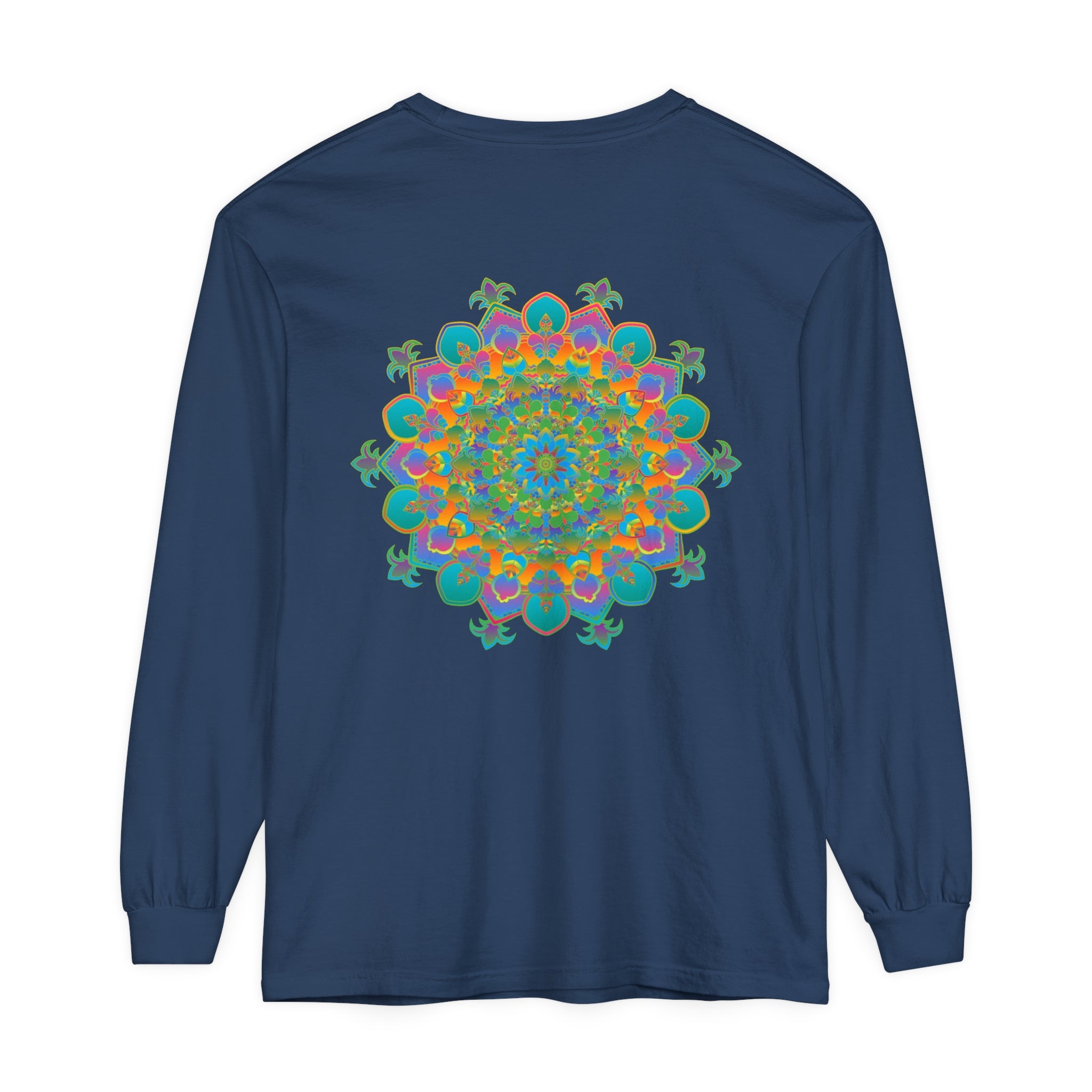 Colorful, intricate mandala design long sleeve t-shirt, suitable for both men and women