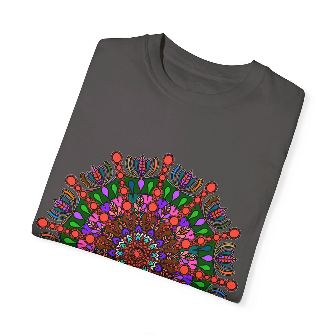 Colorful unisex mandala t-shirt made from 100% ring-spun cotton, hand-drawn mandala art, and garment-dyed for extra comfort