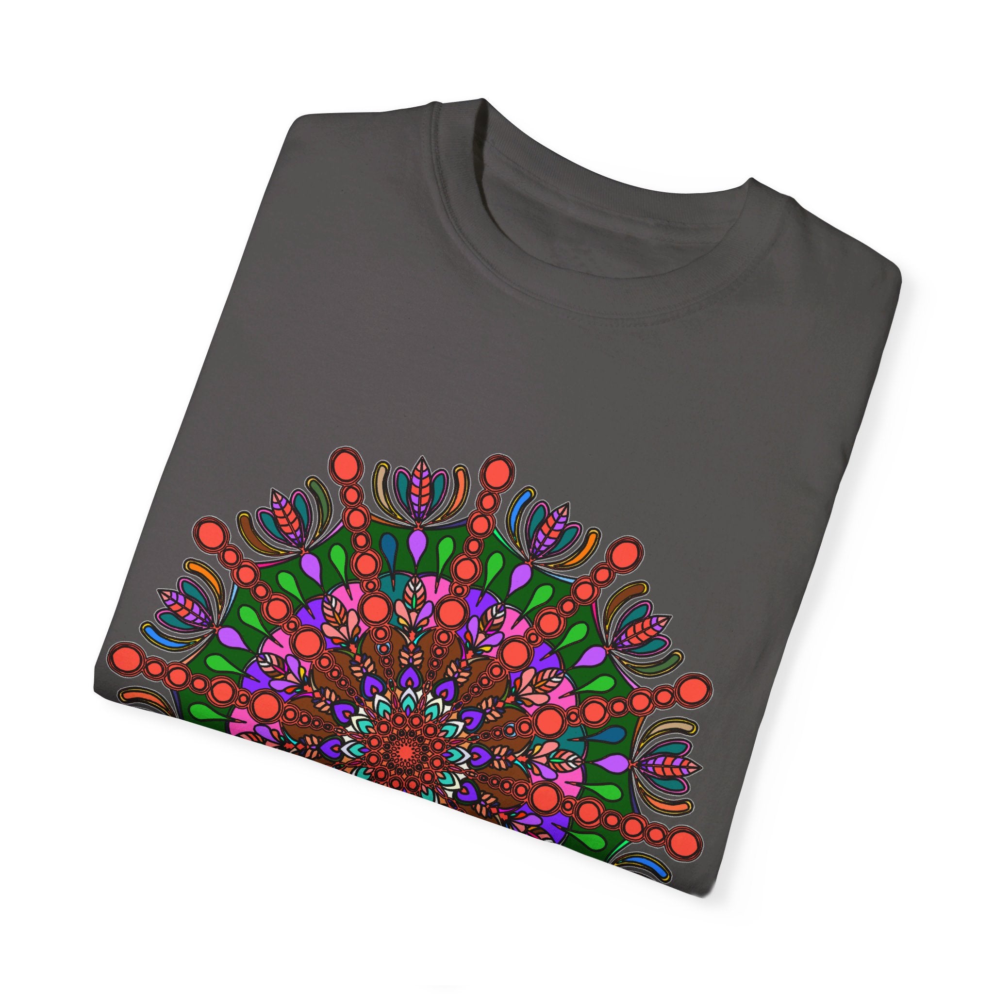 Colorful unisex mandala t-shirt made from 100% ring-spun cotton, hand-drawn mandala art, and garment-dyed for extra comfort