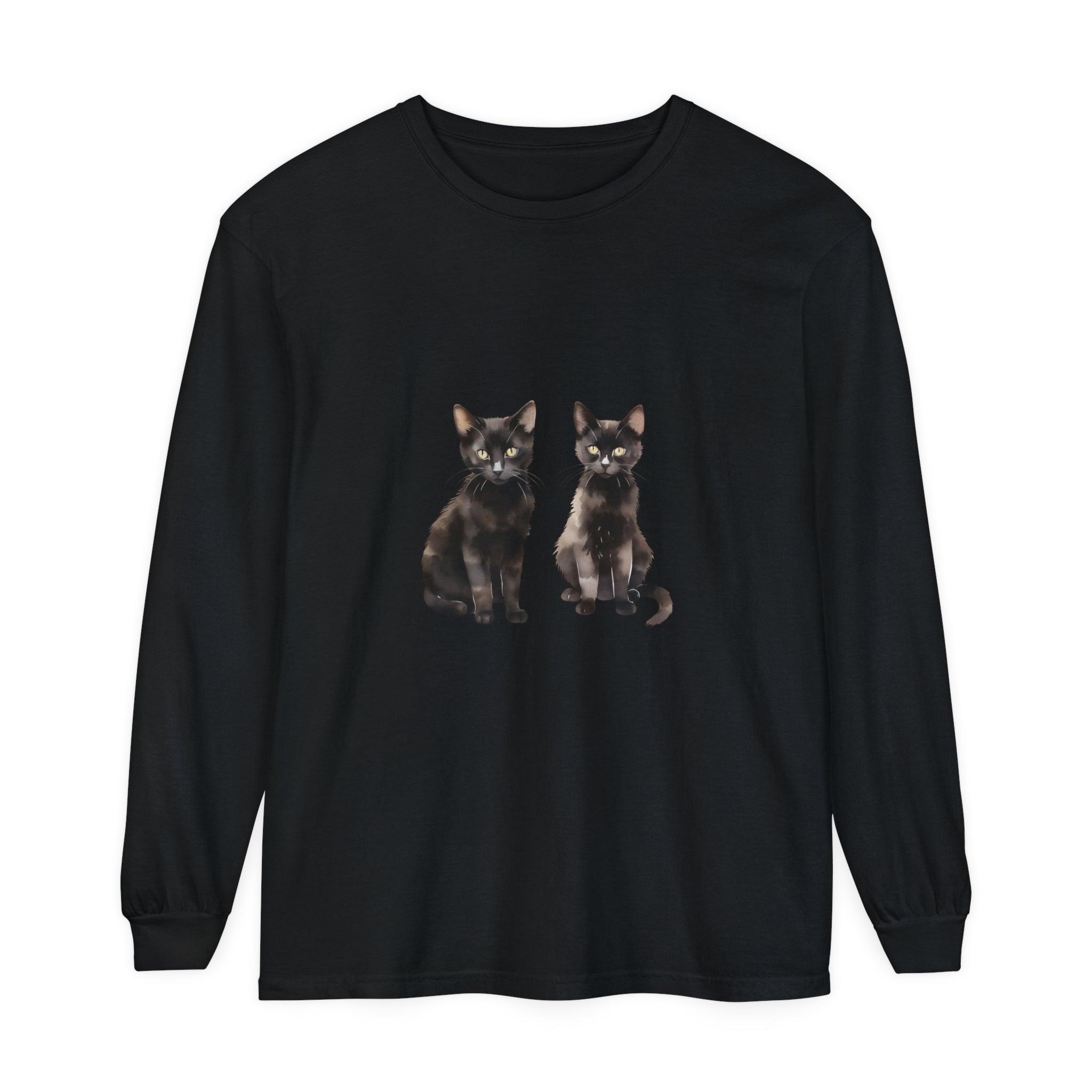 Long sleeve black t-shirt with watercolor art of a cat